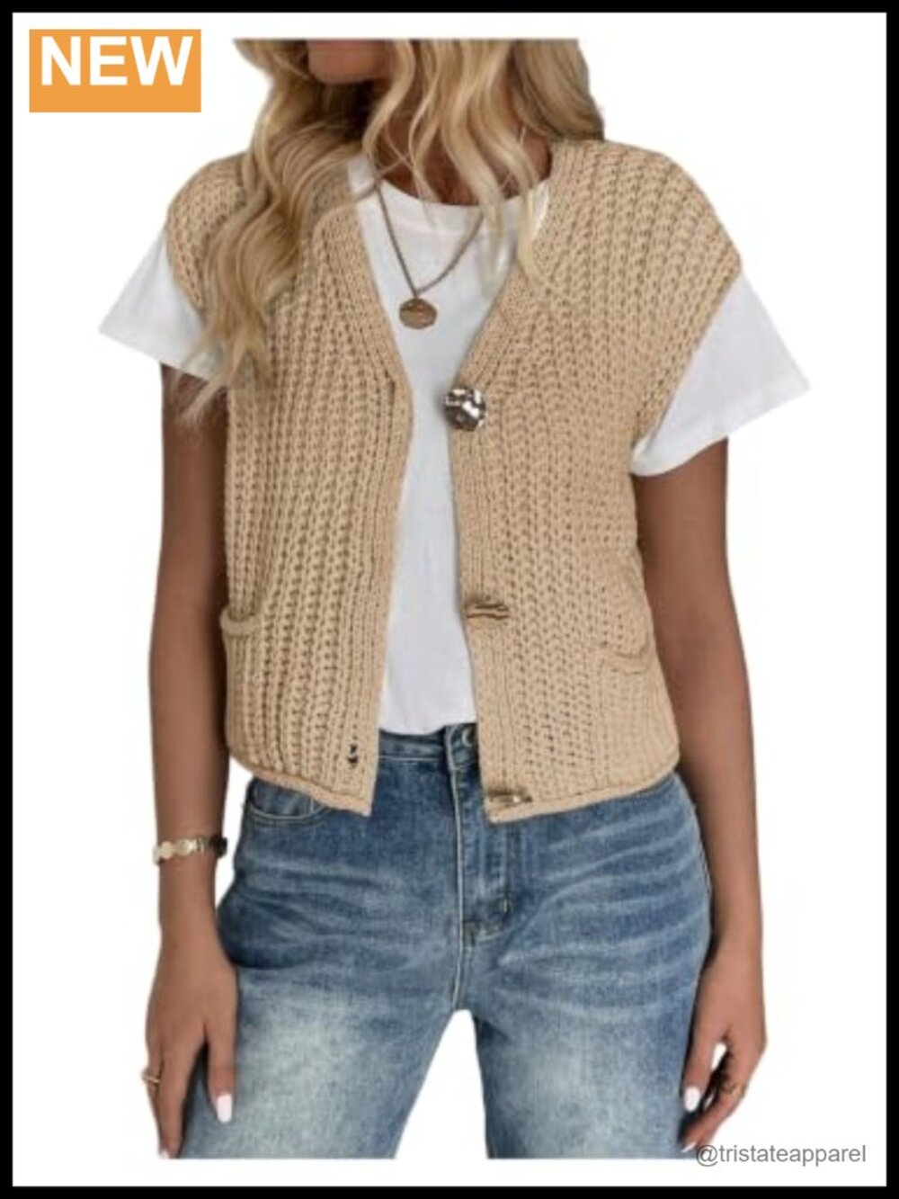 Women's Chunky Knit Sweater Vest Sleeveless V-Neck Button Up
